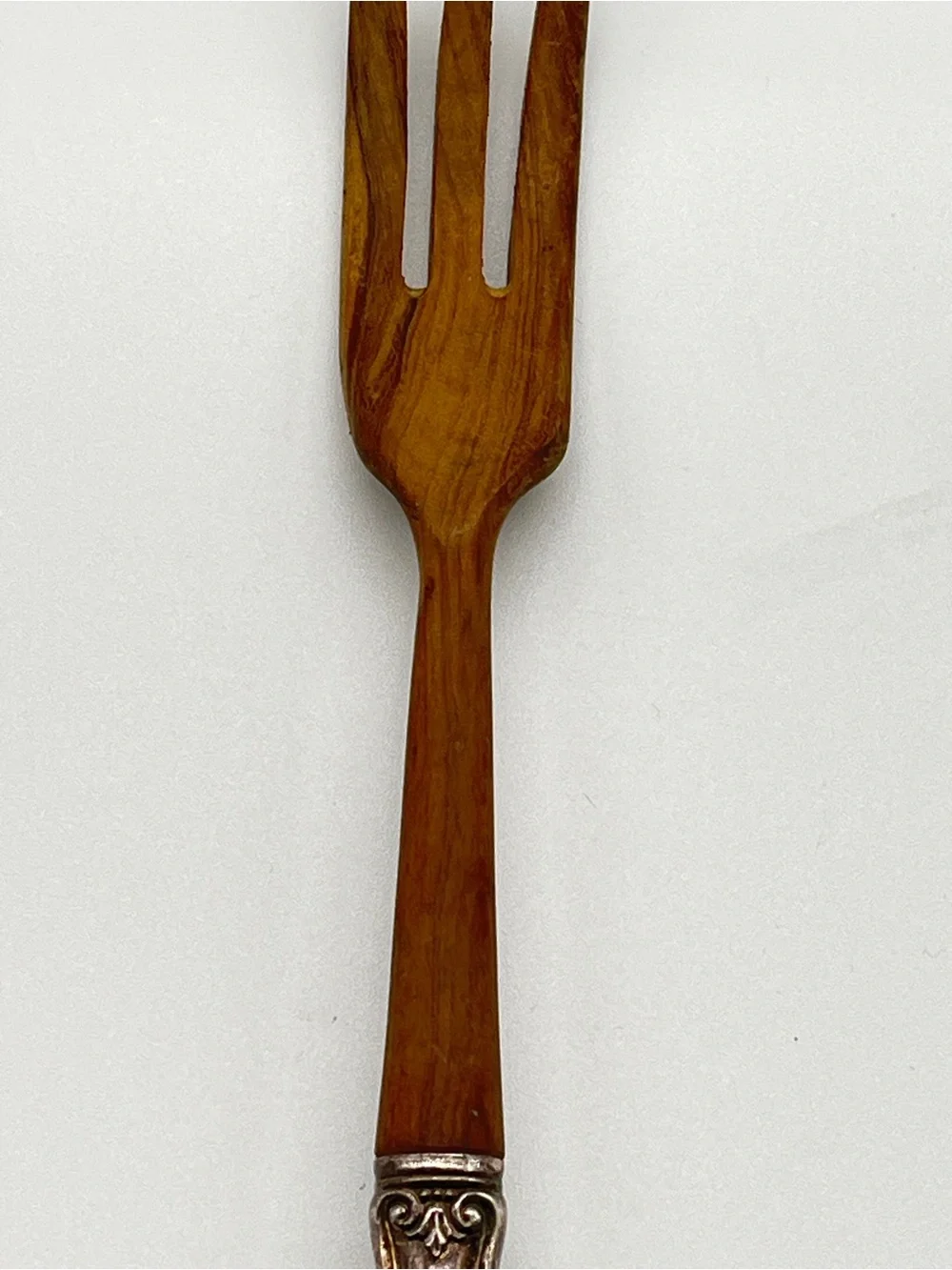 Vintage WEB wooden salad serving fork with ornate STERLING silver  handle.